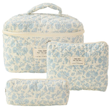 Lot de 3 Trousse de toilette de Voyage Pour Femmes Tissu coton doux Volume élevé Trousse de Maquillage Motifs fleuris bleu clair